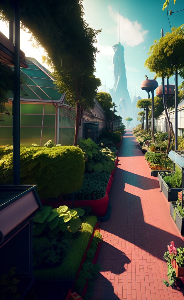 A Martian town with streets lined with greenhouses and hydroponic gardens