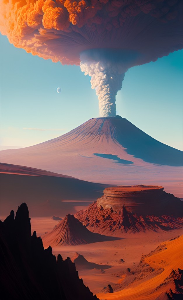 An aerial view of a Martian volcano, with a plume of steam rising from its summit.