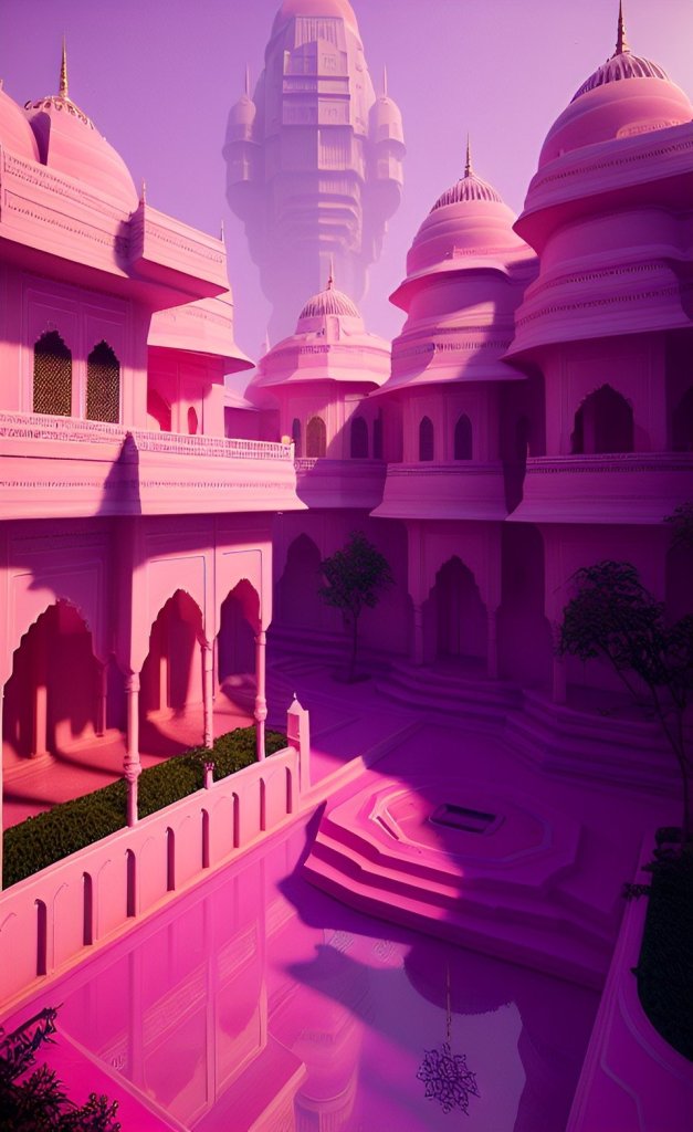 Futuristic skyline of Jaipur with traditional Rajasthani architecture in the foreground