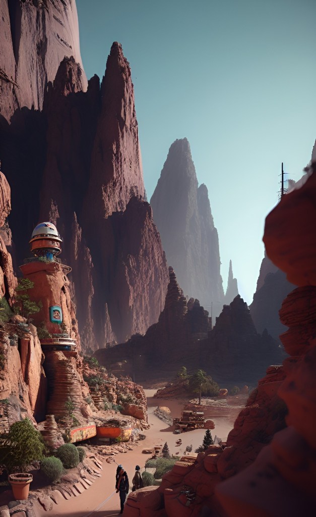 Mars colony with streets that are carved directly into the rocky terrain