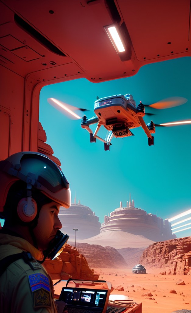 A Mars base camp with streets patrolled by rovers and drones.