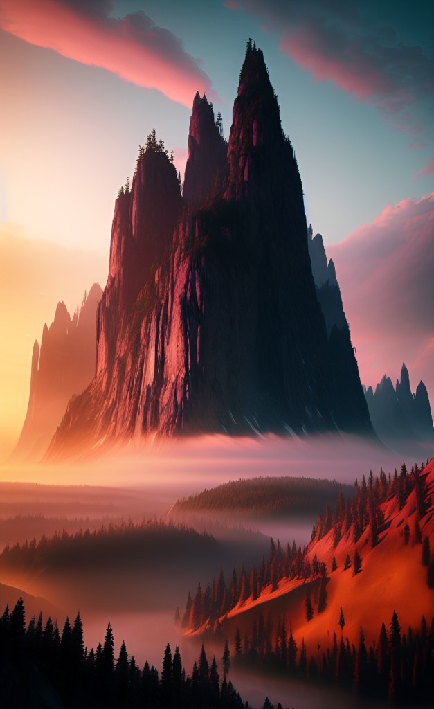 a stunning sunset over a mountain range inspired by the Misty Mountains from Lord of the Rings.