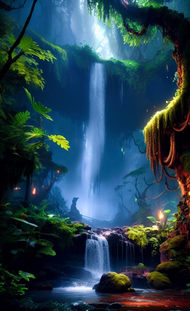  depicting a mystical forest, inspired by the enchanting forests of Pandora from the movie Avatar.