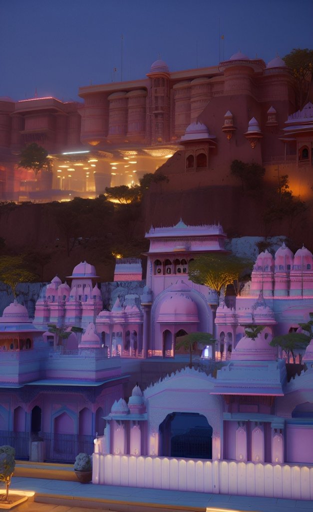 Jaipur's skyline blends modern and traditional elements, with stunning Rajasthani architecture in the foreground and futuristic high-rises in the background.