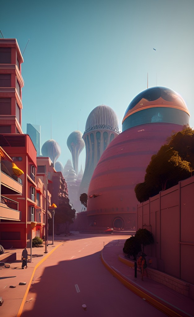 Mars colony with streets that are partially enclosed, featuring a series of domes and tunnels