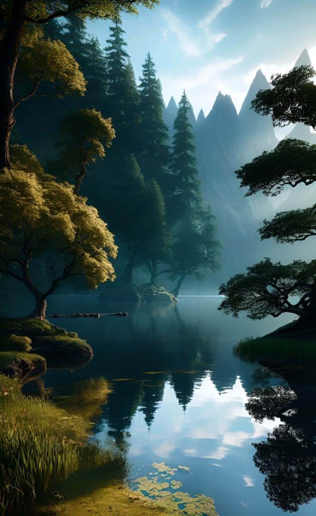 a serene lake surrounded by majestic trees inspired by the Shire from Lord of the Rings.