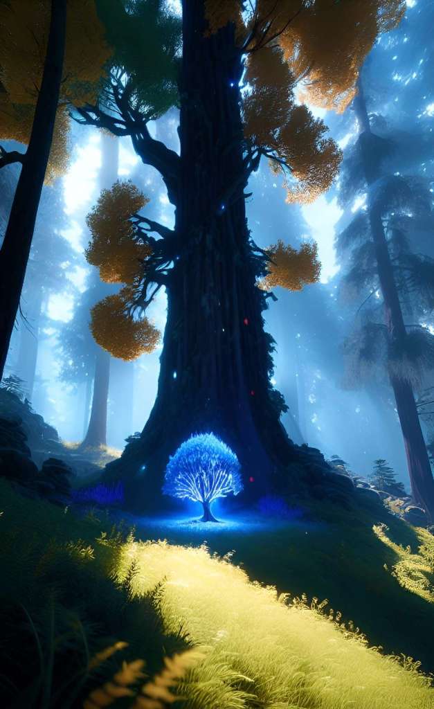 An image of a 4k nature wallpaper featuring a glowing, blue tree in a vibrant forest.