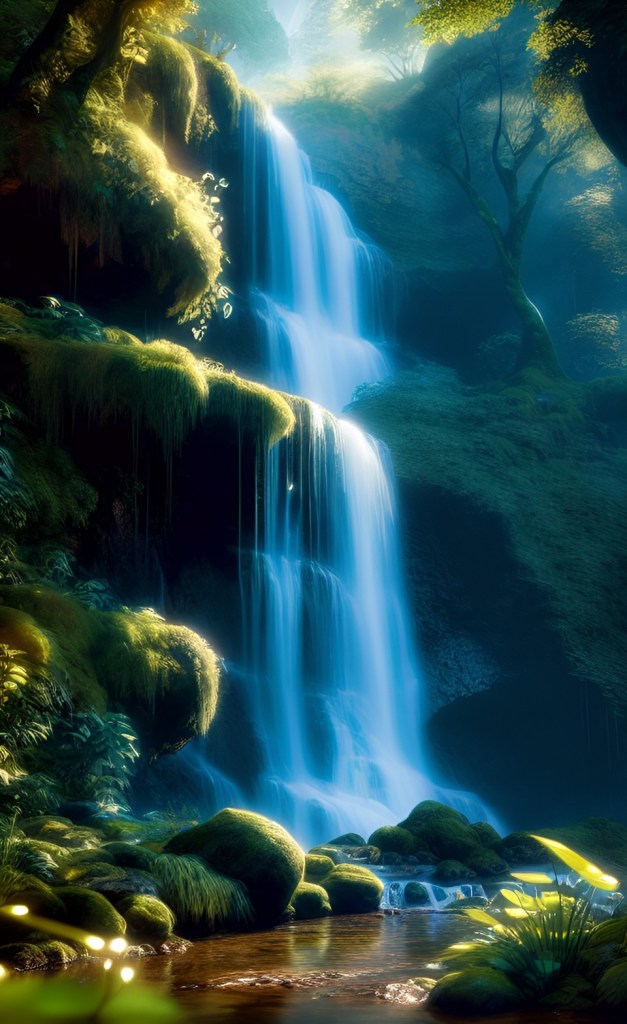 an enchanted waterfall inspired by the Elvish lands of Rivendell from Lord of the Rings.
