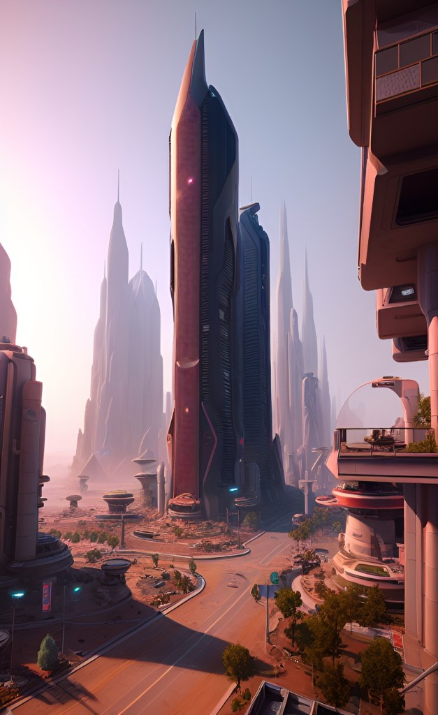 Design a futuristic Mars city with streets that are made from a high-strength