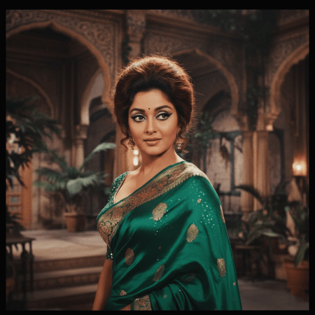 A cinematic film still of a beautiful actress in 1970s Bollywood style, featuring dramatic winged eyeliner, a classic 1970s bouffant hairstyle, and a vibrant, shimmering green sari with gold embroidery. She is looking off to the side against a softly lit, ornate indoor background.