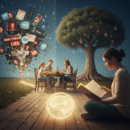 A symbolic image contrasting a peaceful, simple life with media chaos. In the foreground, a woman reads a book next to a glowing brain, symbolizing critical thinking. In the background, a family eats dinner under a large tree, while a chaotic storm of screens labeled "Main Stream Lies" rises in the distance.
