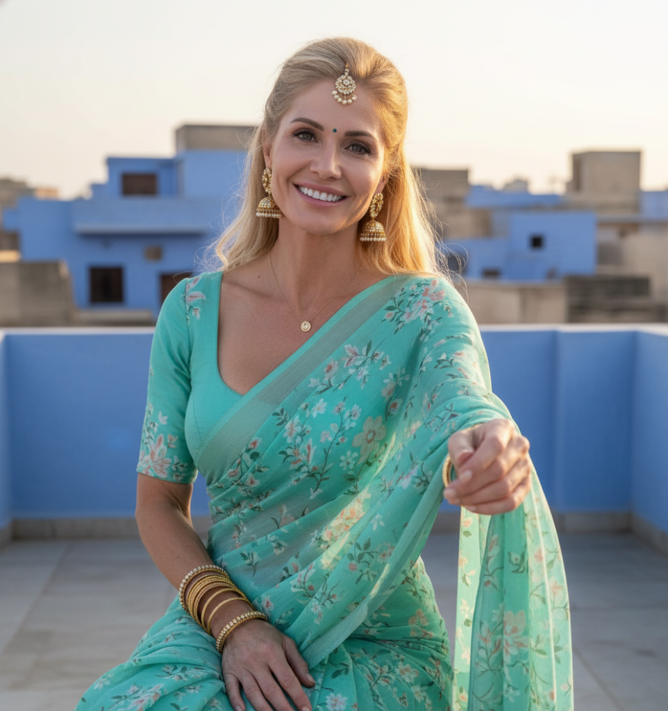 A woman sitting against a backdrop of blue architecture, wearing a vibrant teal saree with floral print, accessorized with Indian jewelry including a maang tikka and gold jhumka earrings.