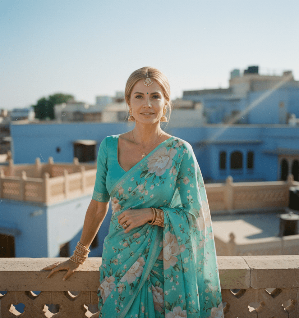 A woman wearing a vibrant teal saree with a floral print stands against a backdrop of blue architecture, reminiscent of an Indian city. She accessorizes with Indian jewelry, including a maang tikka and gold jhumka earrings.