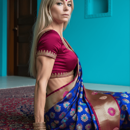 Camila Giorgi AI transformation sitting on a rug wearing a blue Banarasi silk saree, magenta blouse, and traditional gold bangles, set against a vibrant turquoise Indian backdrop.