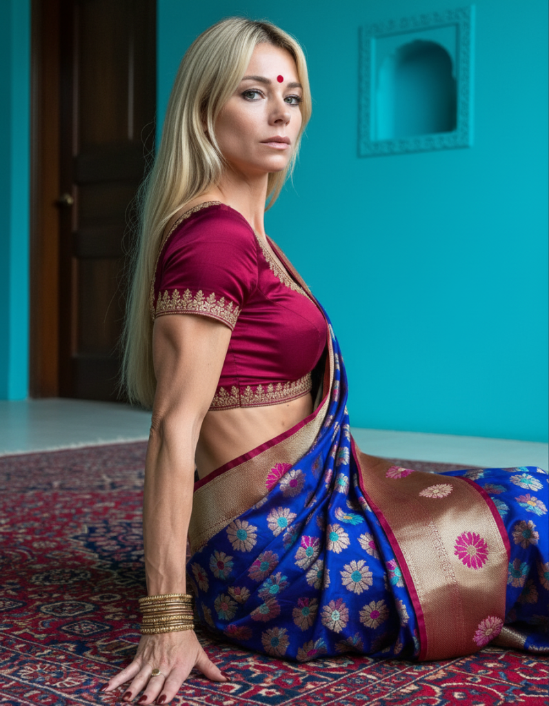 Close-up view of the Camila Giorgi AI saree photoshoot, highlighting the luxurious gold zari work on the floral border and the traditional drape of the silk garment.
