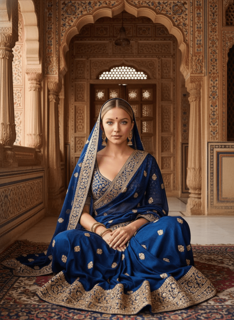 A woman seated in a beautifully decorated traditional Indian setting, wearing a stunning blue and gold saree, adorned with intricate patterns and jewelry.