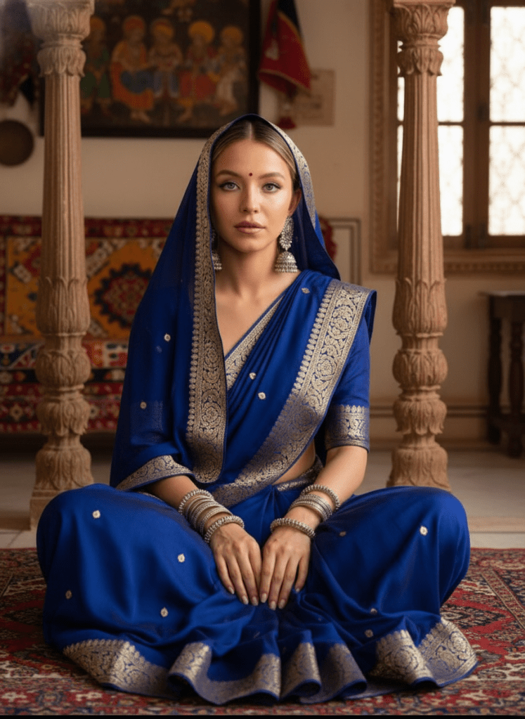 A woman dressed in a traditional blue saree with intricate embellishments, sitting gracefully on a patterned rug in a culturally rich interior. She has a serene expression, complemented by elegant jewelry and a matching dupatta.