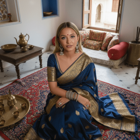 Sydney Sweeney standing in traditional blue saree with intricate carved wooden architecture, marble floor, ornate pillars