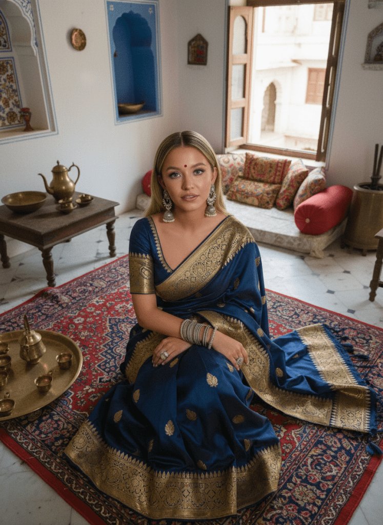 A woman seated in a traditional Indian setting, wearing a blue and gold saree, surrounded by decorative elements, showcasing cultural heritage.