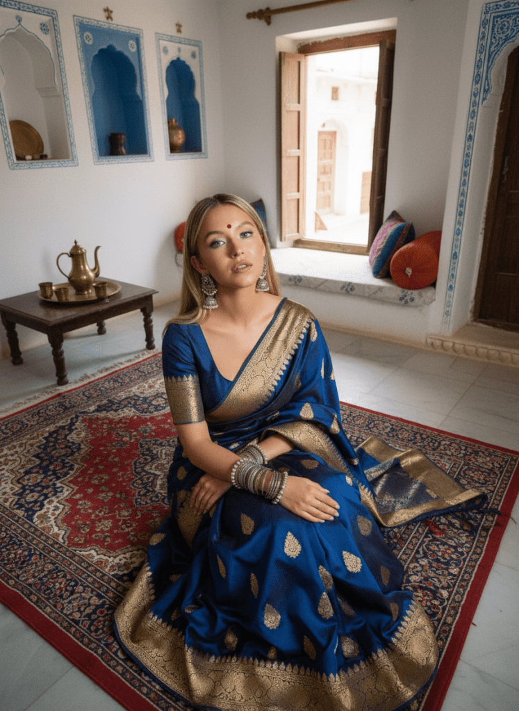 A woman wearing a traditional royal blue saree with golden patterns, sitting on a colorful rug in a well-lit room with large windows and decorative Indian architecture.