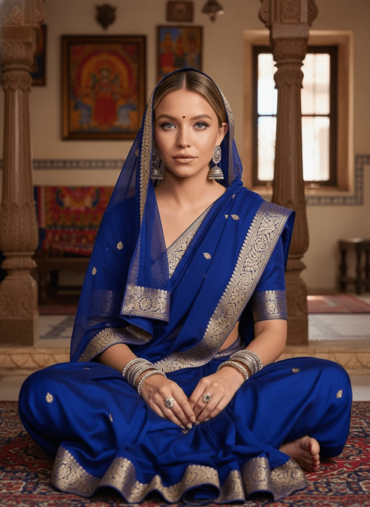 A woman wearing a royal blue saree with intricate golden patterns, sitting cross-legged in a traditional setting with decorative pillars and paintings in the background.